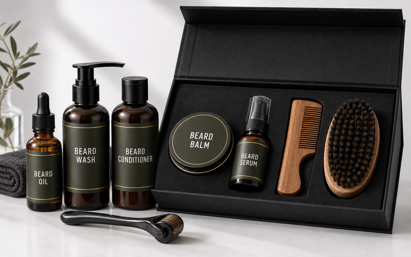 Beard oil, balm, wash, conditioner, serum, and grooming kit product family