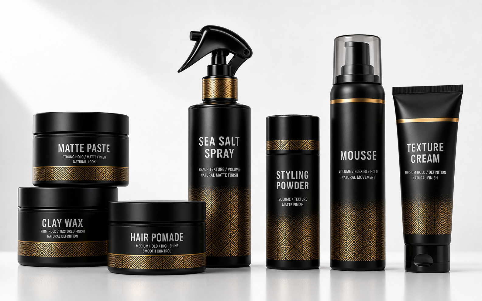Hair clay, wax, pomade, mousse, texture powder, and sea salt spray product family
